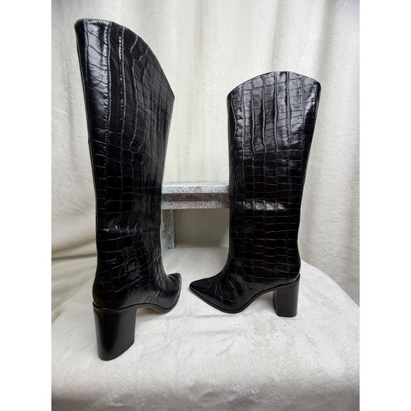 SCHUTZ Shoes - Schutz Maryana Block Boots Women 6 Black Croc Embossed Leather Knee High Pointed